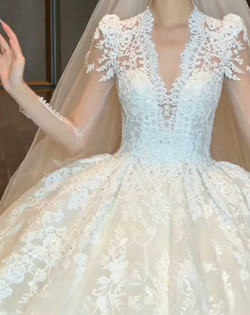 Romantic V Neck Wedding Dress Long Sleeve Appliques A-Line Bridal Dress GG6349