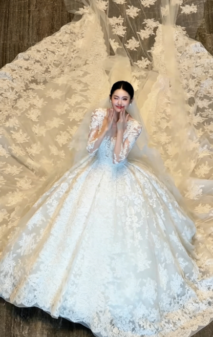 Ornate Square Neck Wedding Dress Long Sleeve Appliques A-Line Bridal Dress GG6350