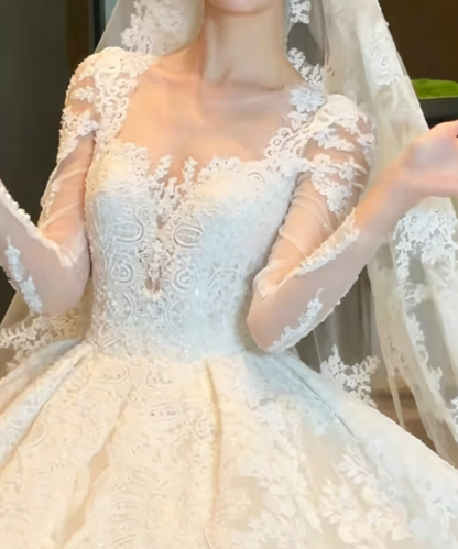 Ornate Square Neck Wedding Dress Long Sleeve Appliques A-Line Bridal Dress GG6350
