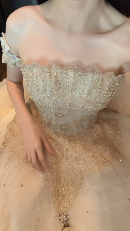 Pretty Strapless Gold Prom Dress Sequins A-Line Evening Dress GG6351