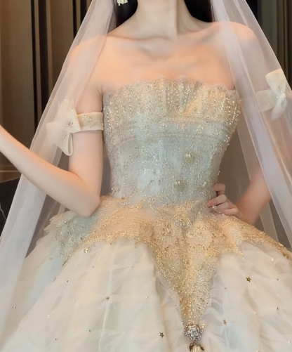 Pretty Strapless Gold Prom Dress Sequins A-Line Evening Dress GG6351