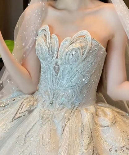 Beautiful Strapless Sequins Wedding Dress Long Tulle A-Line Bridal Dress GG6352