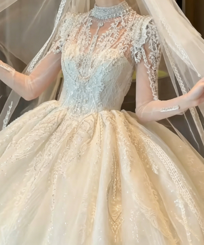 Chic High Collar Beading Wedding Dress Long Sleeve Sequins A-Line Bridal Dress GG6353