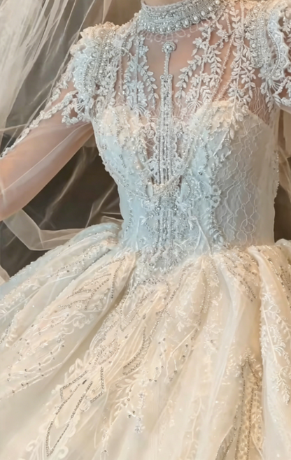 Chic High Collar Beading Wedding Dress Long Sleeve Sequins A-Line Bridal Dress GG6353
