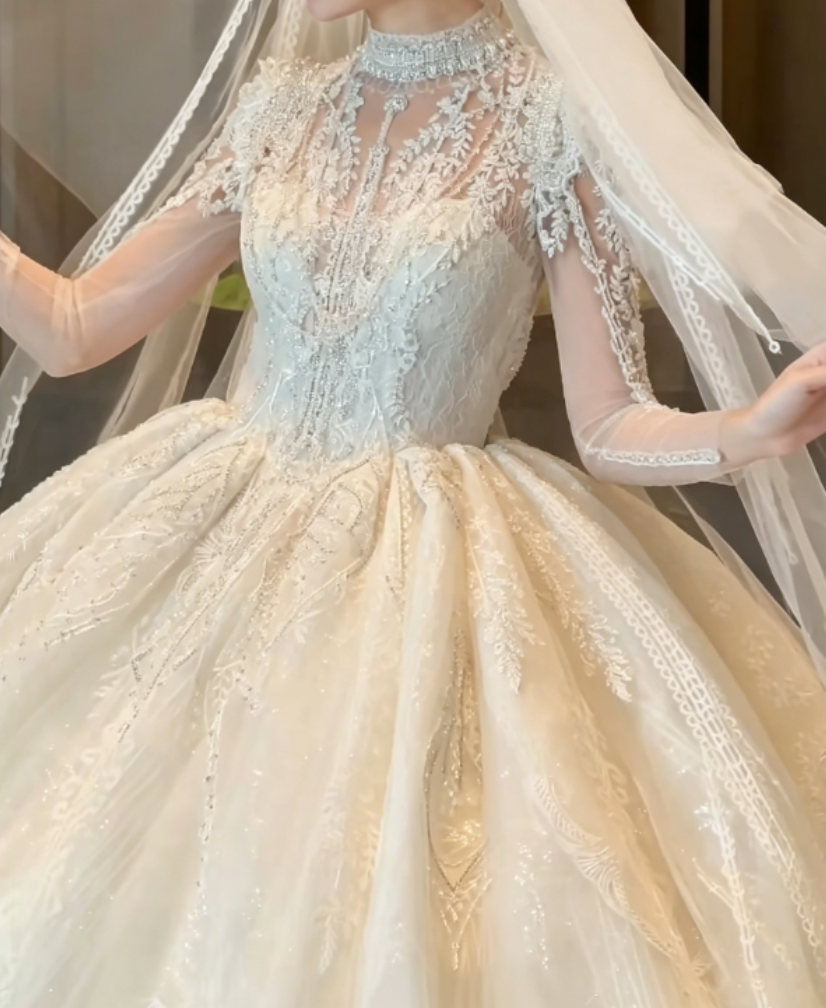 Chic High Collar Beading Wedding Dress Long Sleeve Sequins A-Line Bridal Dress GG6353