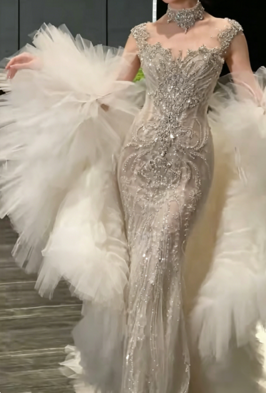 Luxury Beaded Illusion Neck Wedding Dress Sequins Mermaid Bridal Dress GG6355