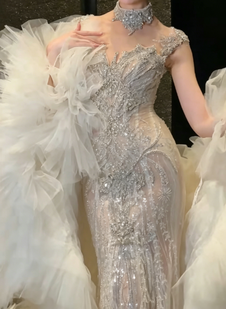 Luxury Beaded Illusion Neck Wedding Dress Sequins Mermaid Bridal Dress GG6355