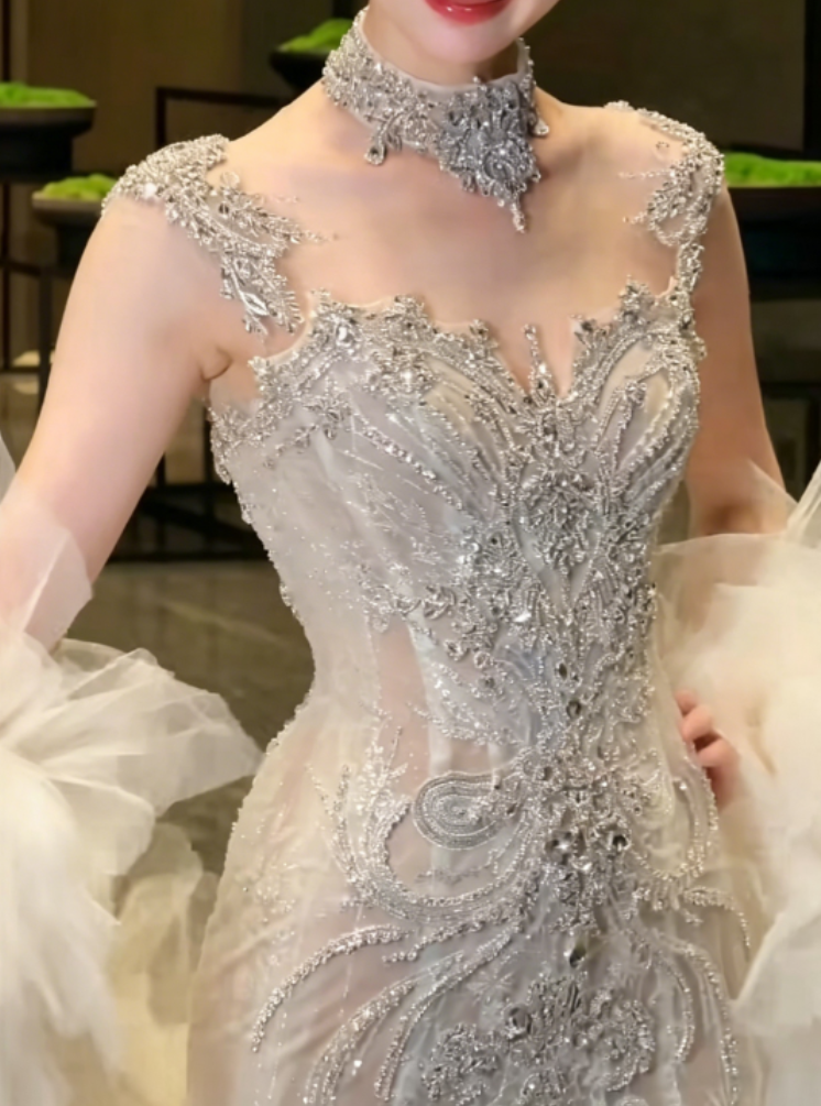 Luxury Beaded Illusion Neck Wedding Dress Sequins Mermaid Bridal Dress GG6355