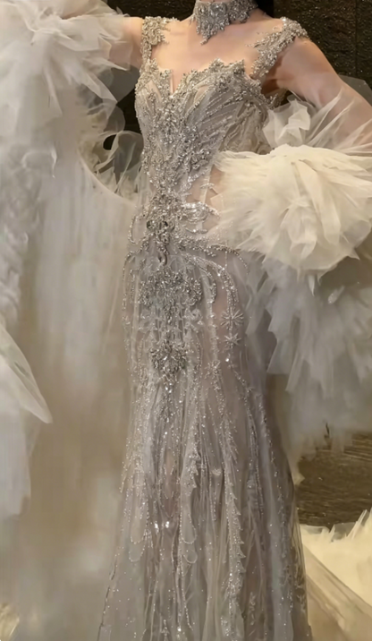 Luxury Beaded Illusion Neck Wedding Dress Sequins Mermaid Bridal Dress GG6355