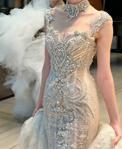 Luxury Beaded Illusion Neck Wedding Dress Sequins Mermaid Bridal Dress GG6355