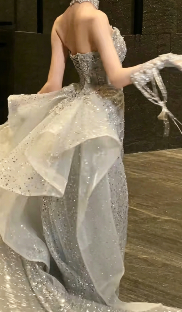 Unique Strapless Beaded Wedding Dress With Train Sequins Slit Mermaid Bridal Dress GG6356