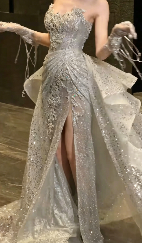 Unique Strapless Beaded Wedding Dress With Train Sequins Slit Mermaid Bridal Dress GG6356