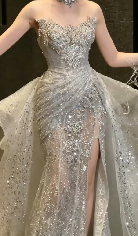 Unique Strapless Beaded Wedding Dress With Train Sequins Slit Mermaid Bridal Dress GG6356