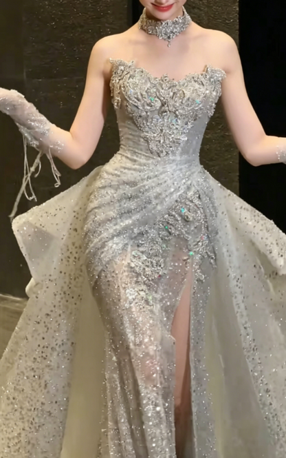 Unique Strapless Beaded Wedding Dress With Train Sequins Slit Mermaid Bridal Dress GG6356