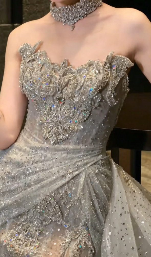 Unique Strapless Beaded Wedding Dress With Train Sequins Slit Mermaid Bridal Dress GG6356