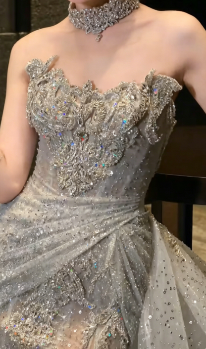 Unique Strapless Beaded Wedding Dress With Train Sequins Slit Mermaid Bridal Dress GG6356