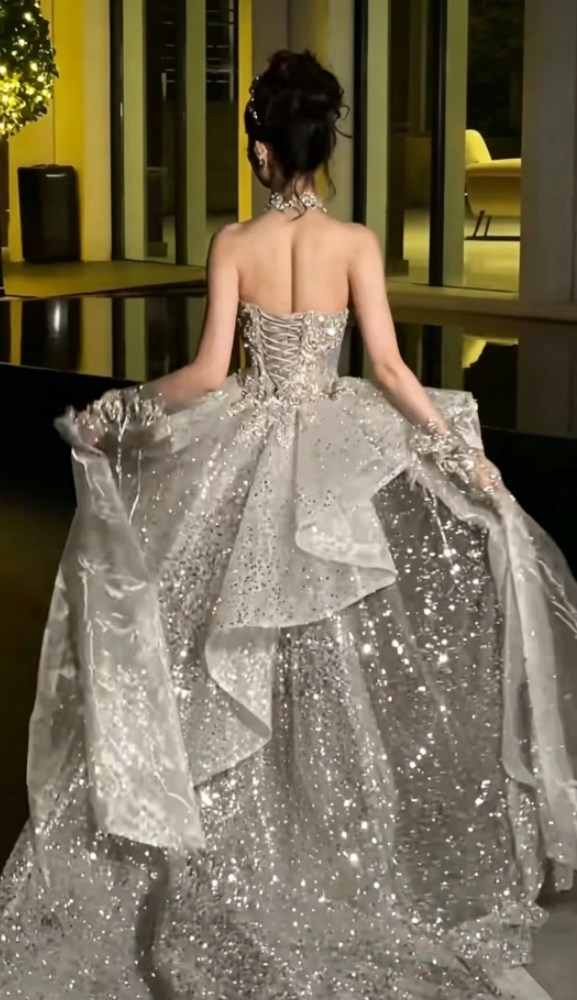 Unique Strapless Beaded Wedding Dress With Train Sequins Slit Mermaid Bridal Dress GG6356