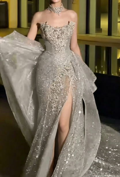 Unique Strapless Beaded Wedding Dress With Train Sequins Slit Mermaid Bridal Dress GG6356
