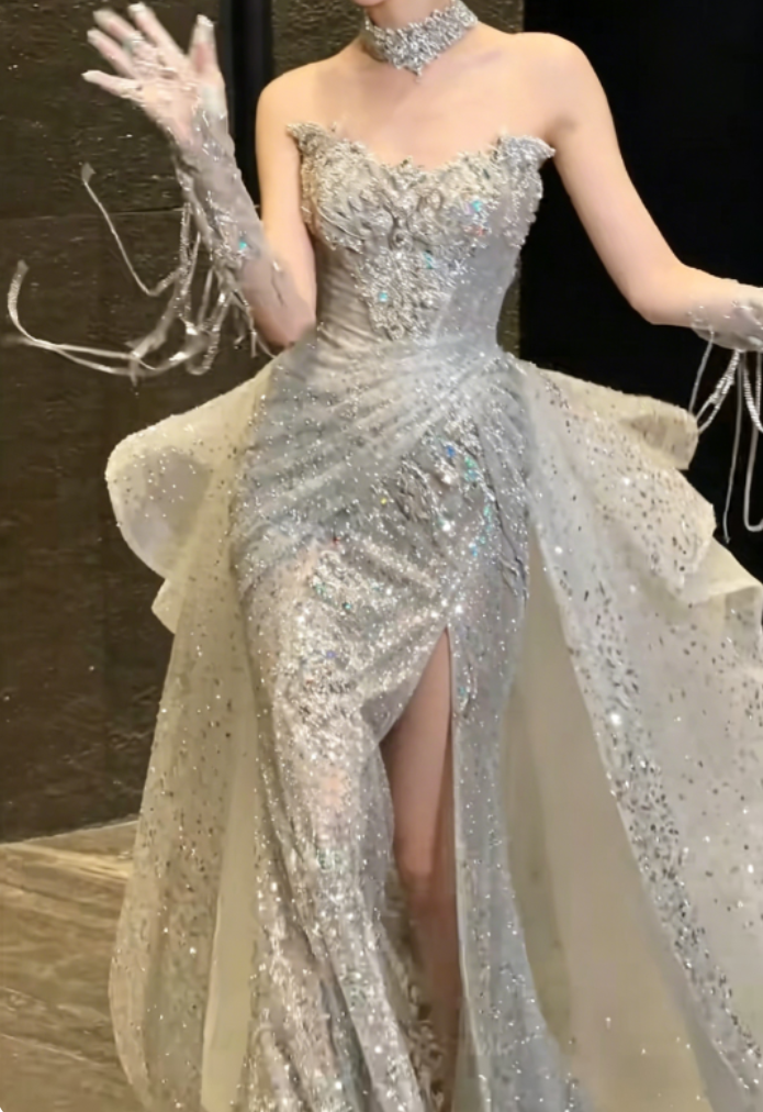 Unique Strapless Beaded Wedding Dress With Train Sequins Slit Mermaid Bridal Dress GG6356