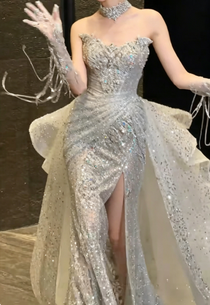 Unique Strapless Beaded Wedding Dress With Train Sequins Slit Mermaid Bridal Dress GG6356