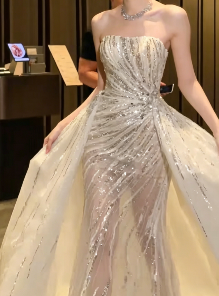 Glam Strapless White Wedding Dress With Train Sequins Mermaid Bridal Dress GG6357