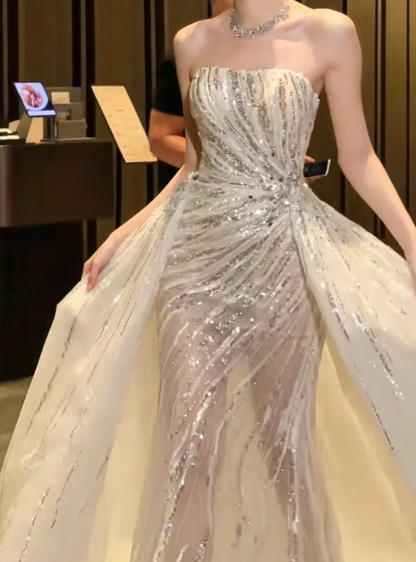Glam Strapless White Wedding Dress With Train Sequins Mermaid Bridal Dress GG6357