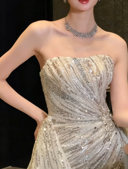 Glam Strapless White Wedding Dress With Train Sequins Mermaid Bridal Dress GG6357