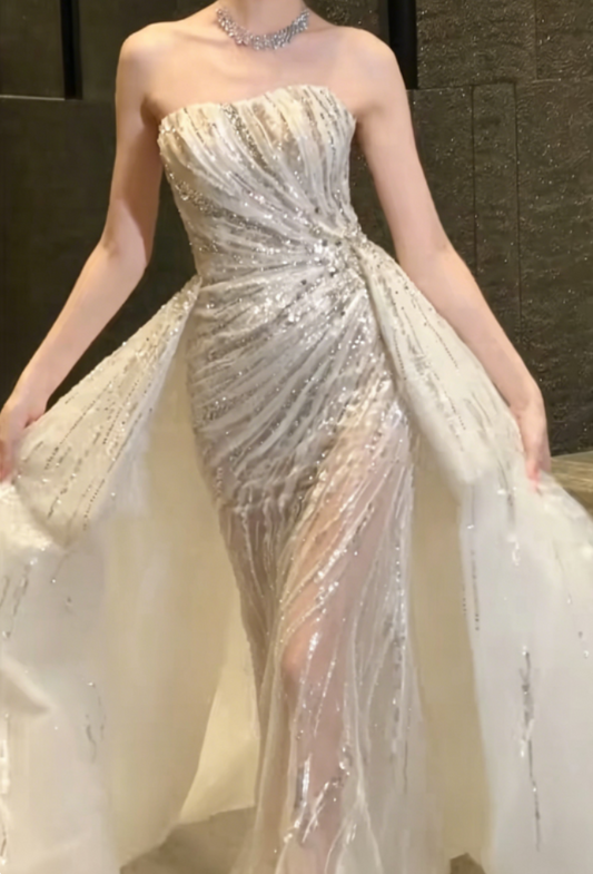 Glam Strapless White Wedding Dress With Train Sequins Mermaid Bridal Dress GG6357