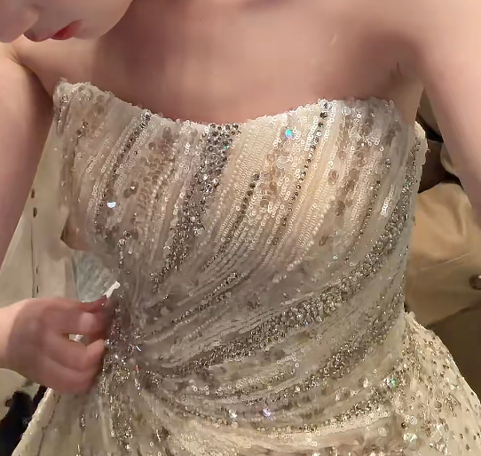 Glam Strapless White Wedding Dress With Train Sequins Mermaid Bridal Dress GG6357