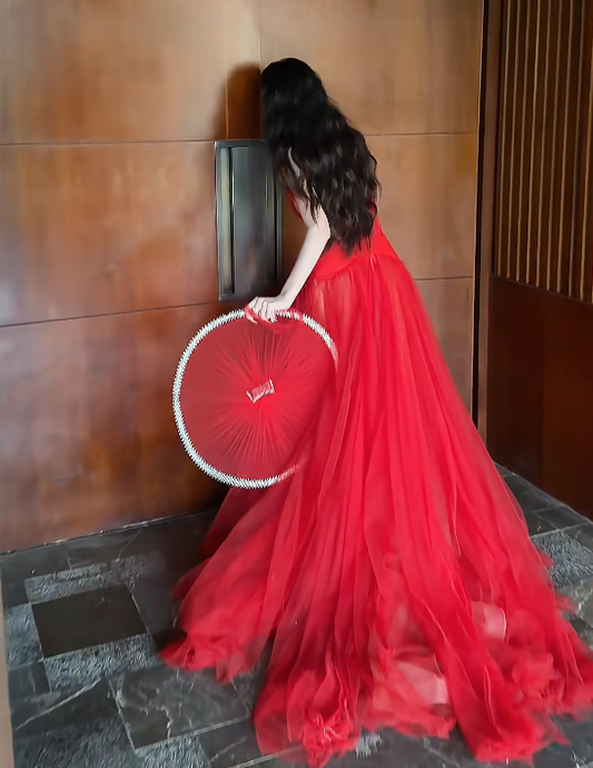 Alluring Strapless Red Prom Dress Rhinestones Tulle A-Line Evening Dress GG6359