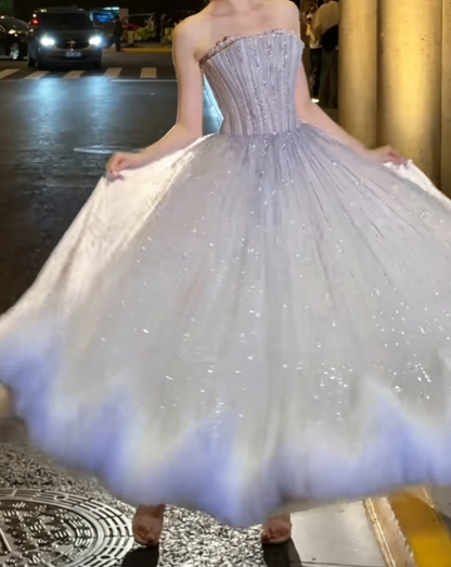 Enchanting Strapless Pastel Purple Prom Dress Beading Sequins Tulle A-Line Evening Dress GG6360