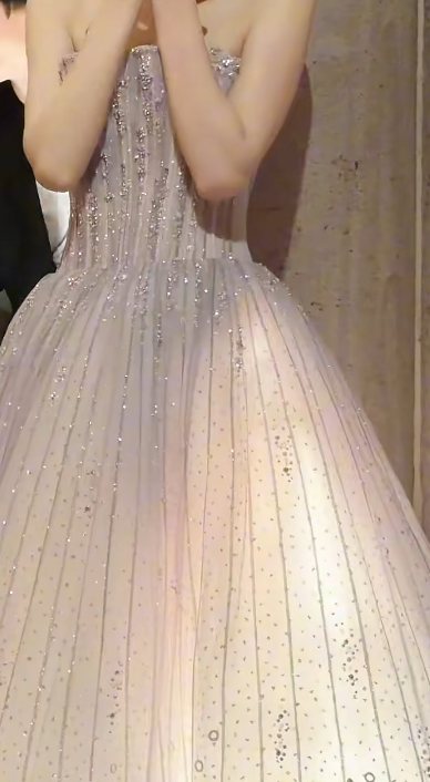 Enchanting Strapless Pastel Purple Prom Dress Beading Sequins Tulle A-Line Evening Dress GG6360