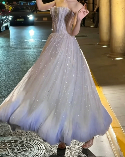 Enchanting Strapless Pastel Purple Prom Dress Beading Sequins Tulle A-Line Evening Dress GG6360