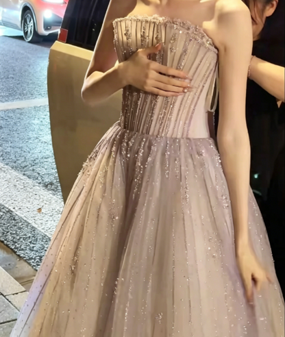 Enchanting Strapless Pastel Purple Prom Dress Beading Sequins Tulle A-Line Evening Dress GG6360