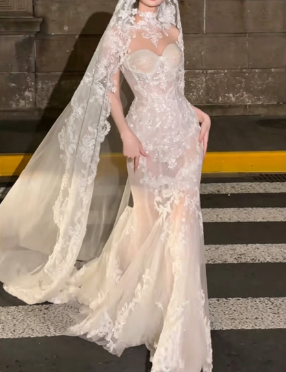 Romantic High Collar White Wedding Dress Appliques Sequins Mermaid Bridal Dress GG6363