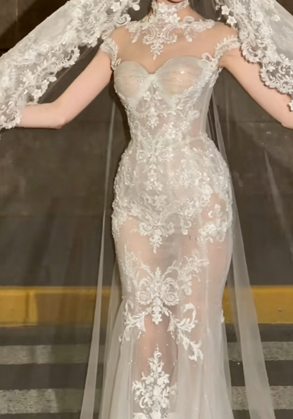 Romantic High Collar White Wedding Dress Appliques Sequins Mermaid Bridal Dress GG6363