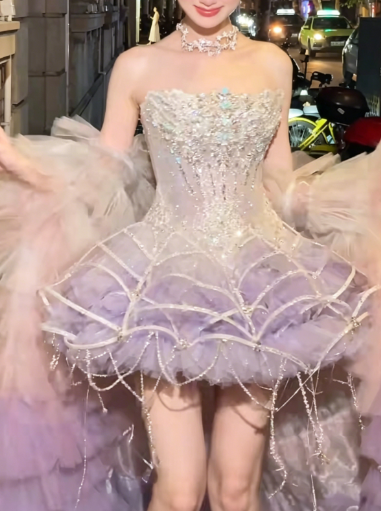 Lustrous Strapless Homecoming Dress Purple Birthday Outfit Beaded Tassel Party Dress GG6364