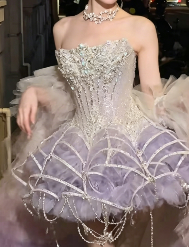 Lustrous Strapless Homecoming Dress Purple Birthday Outfit Beaded Tassel Party Dress GG6364