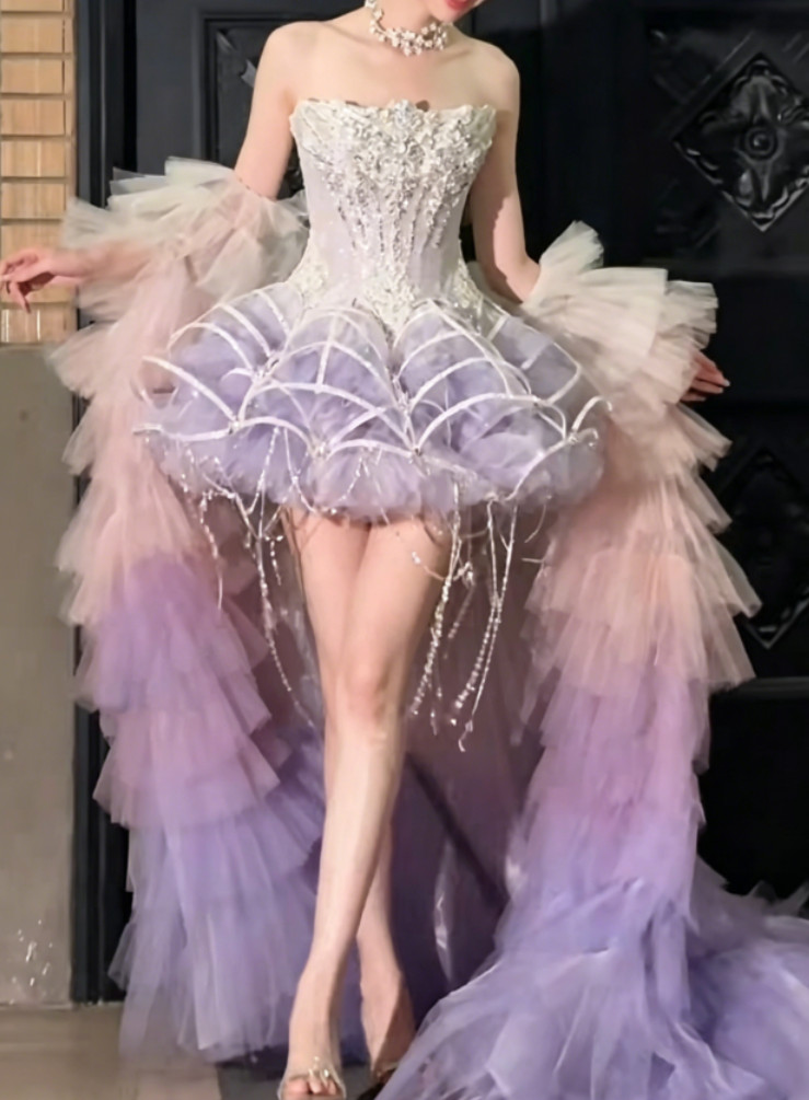Lustrous Strapless Homecoming Dress Purple Birthday Outfit Beaded Tassel Party Dress GG6364