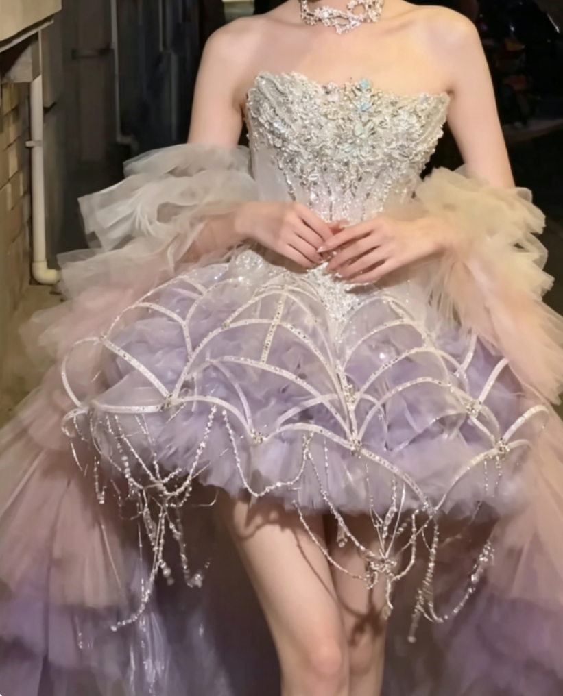 Lustrous Strapless Homecoming Dress Purple Birthday Outfit Beaded Tassel Party Dress GG6364