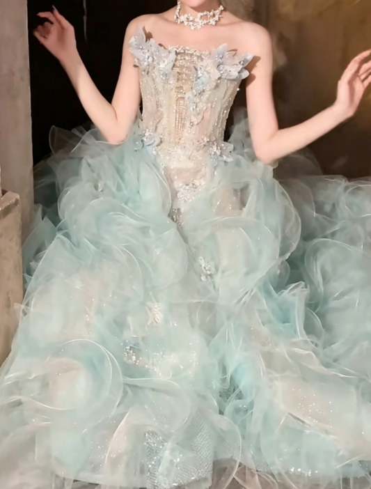 Dreamy Strapless Sequins Green Prom Dress Appliques Ruffles Tulle A-Line Evening Dress GG6365