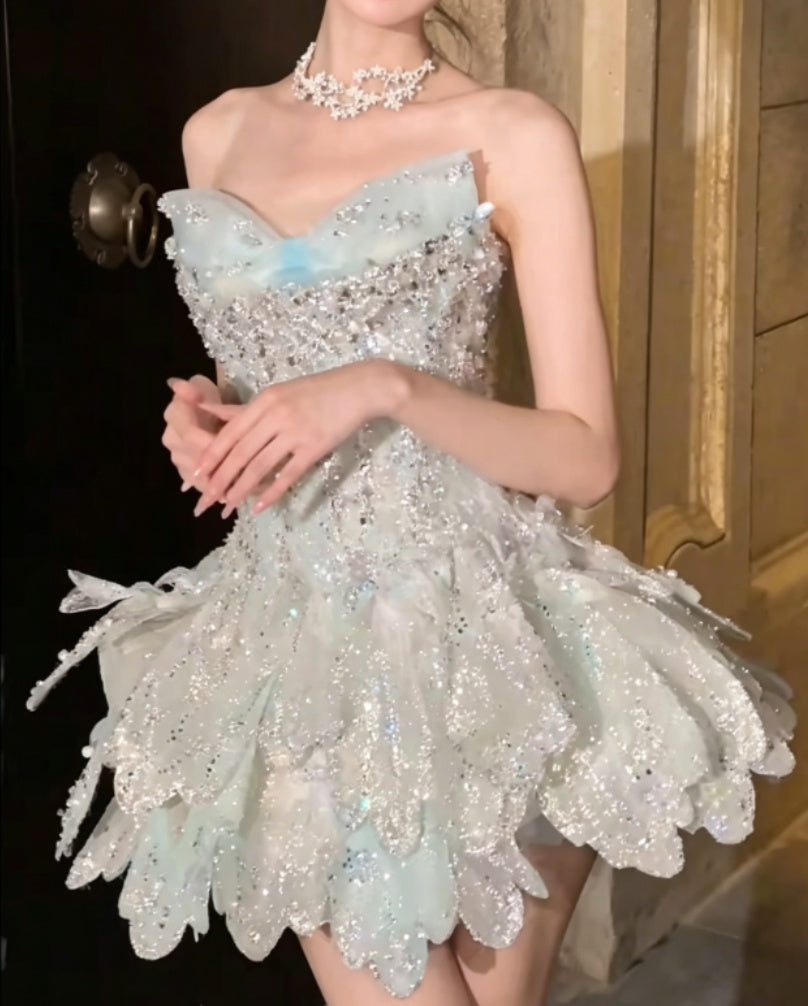 Glamorous Beaded Homecoming Dress Green Birthday Outfit Sequins Tiered Party Dress GG6366