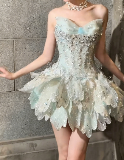Glamorous Beaded Homecoming Dress Green Birthday Outfit Sequins Tiered Party Dress GG6366