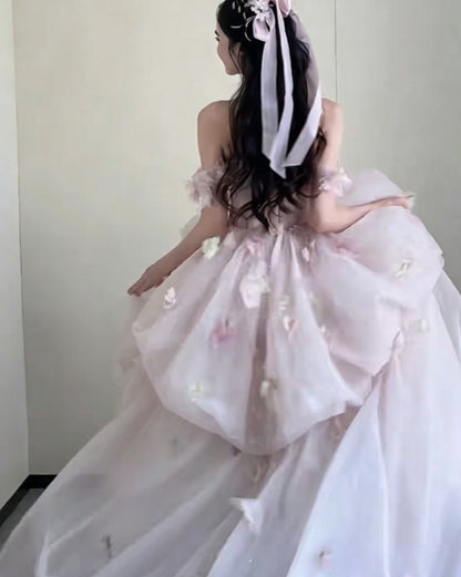 Sweet Off-Shoulder Pink Prom Dress Appliques Tiered A-Line Evening Dress GG6367