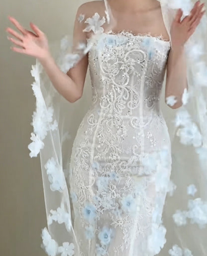 Graceful Strapless White Prom Dress Appliques Sequins Mermaid Evening Dress GG6368