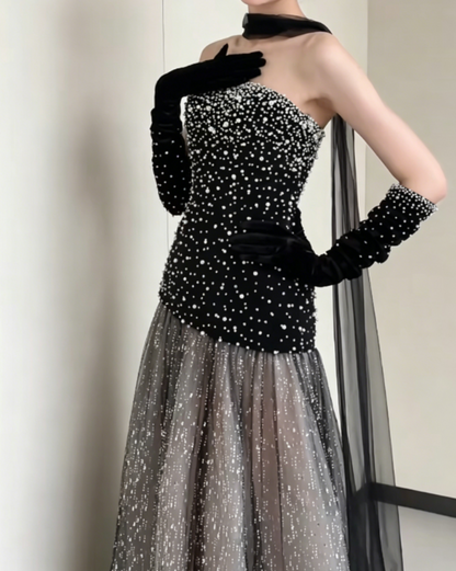 Charming Strapless Black Prom Dress Pearls Sequins A-Line Evening Dress GG6369
