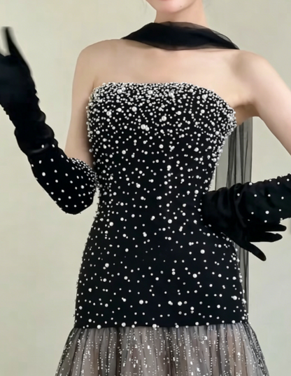 Charming Strapless Black Prom Dress Pearls Sequins A-Line Evening Dress GG6369