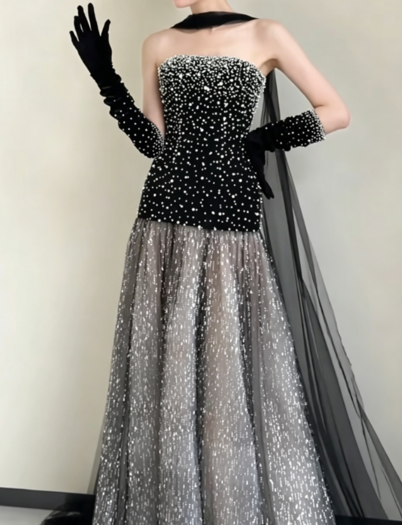 Charming Strapless Black Prom Dress Pearls Sequins A-Line Evening Dress GG6369