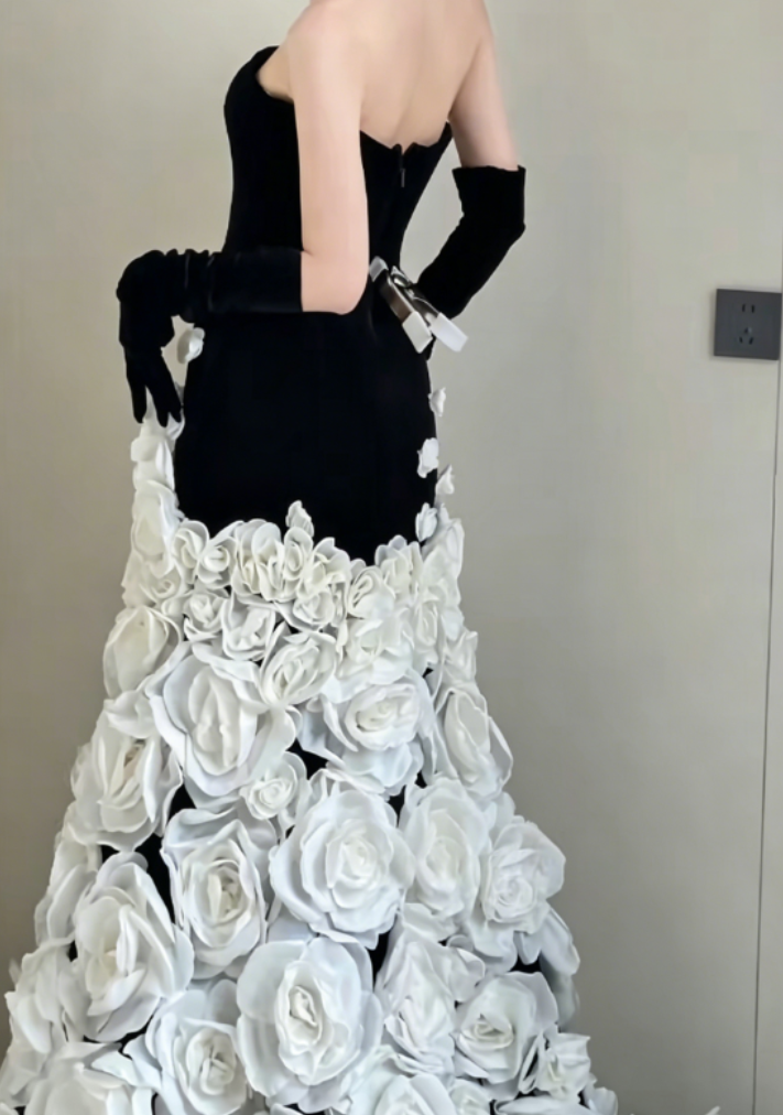 Vintage Strapless Black Prom Dress Appliques Mermaid Evening Dress GG6375