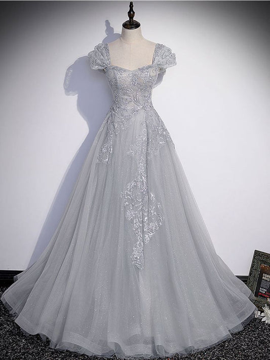 Elegant A Line Sweetheart Light Gray Tulle Sequin Applique Long Prom Dress,Evening Dress GG638
